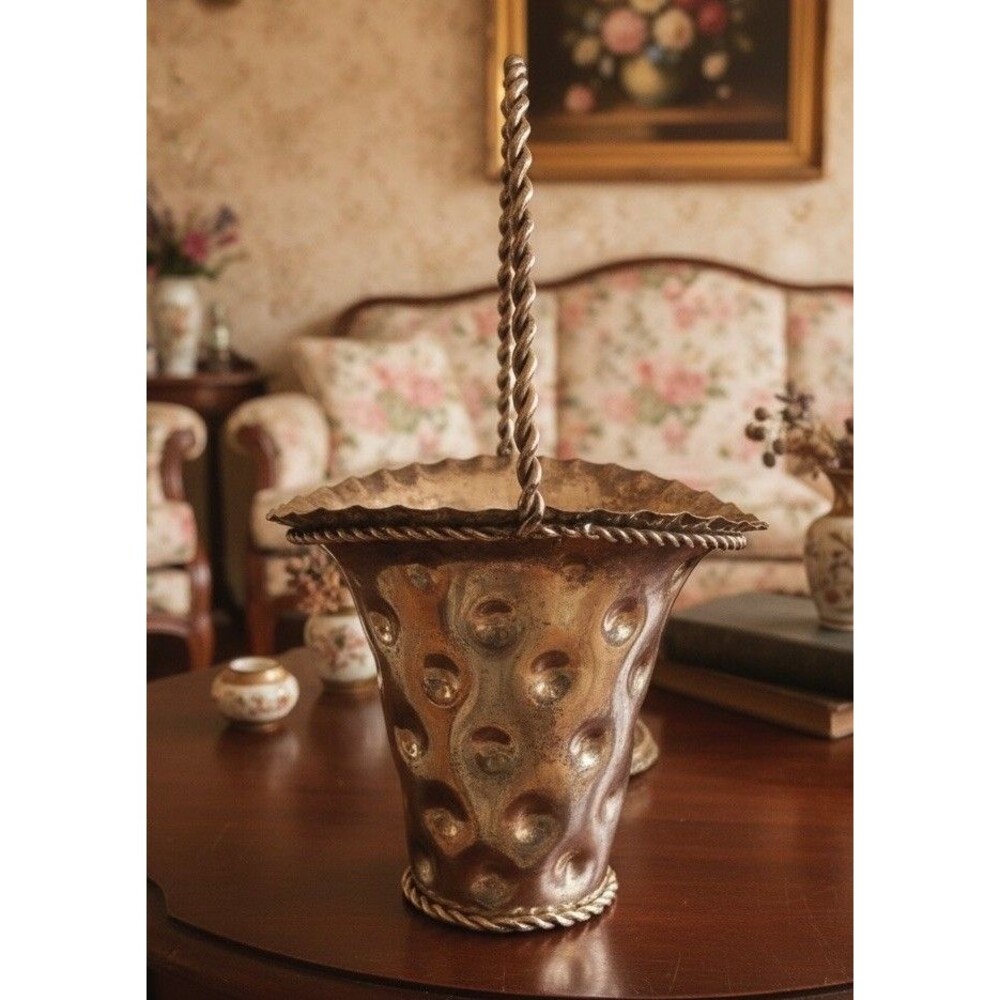 Vintage Silver Plated SNK India Dimpled Flower Basket Vase Twisted Handle 10 in